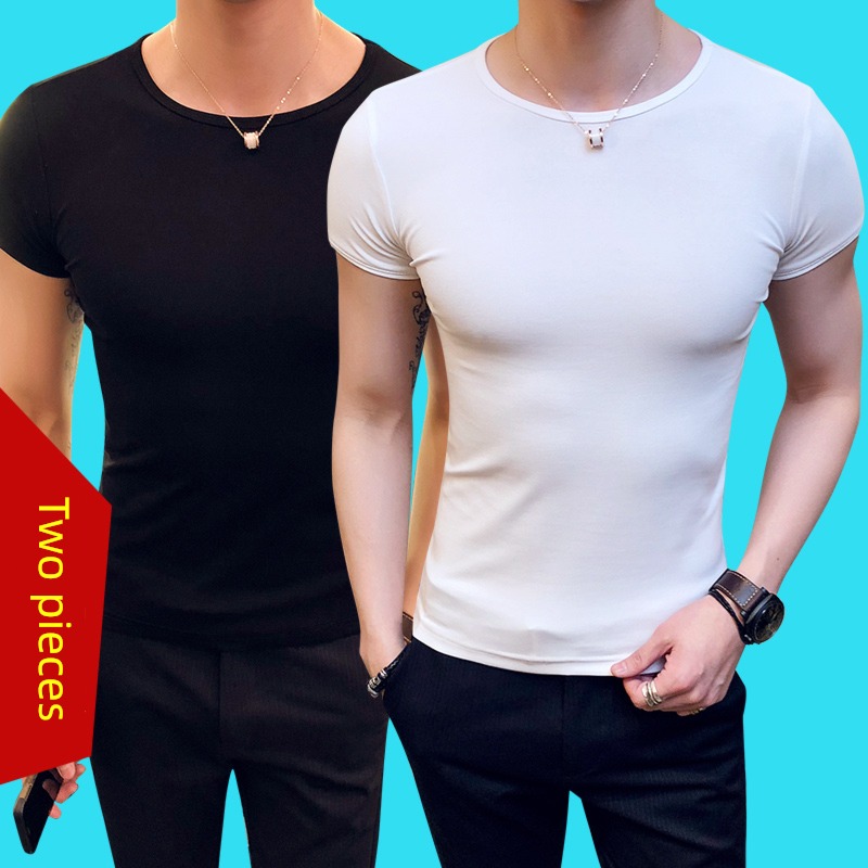 man Korean version Tight fitting Black and white solid pure cotton Short sleeve