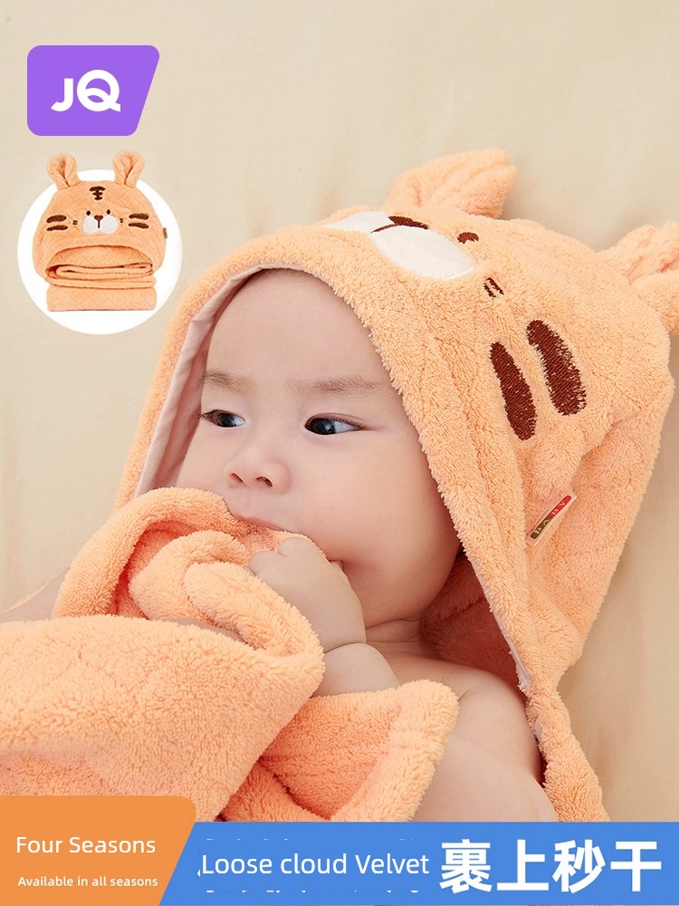 婧麒卡通兒童浴巾嬰兒新生洗澡專用帶帽鬭篷浴袍超軟珊瑚羢男女孩
