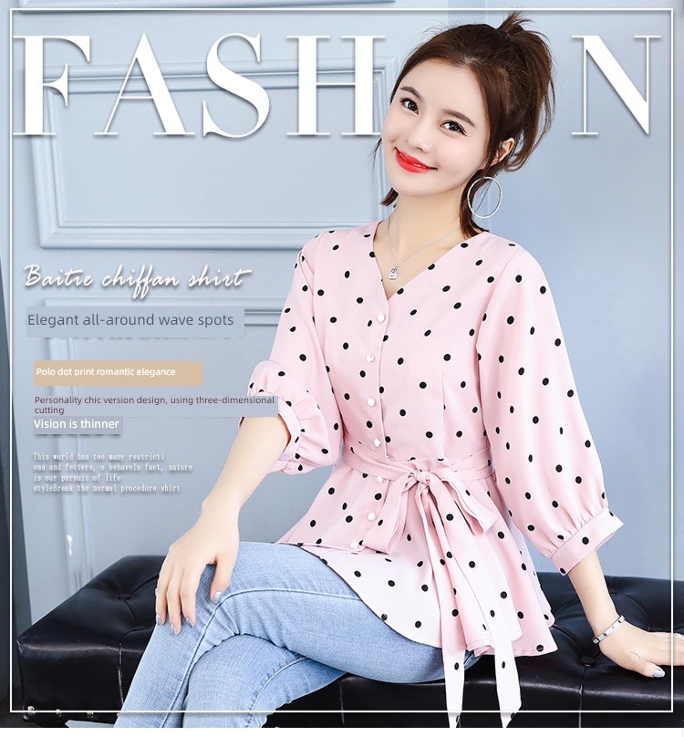 Korean version Temperament lady Frenulum Close your waist Skirt Ruffles Baby shirt jacket Short sleeve Wave point Chiffon shirt female summer