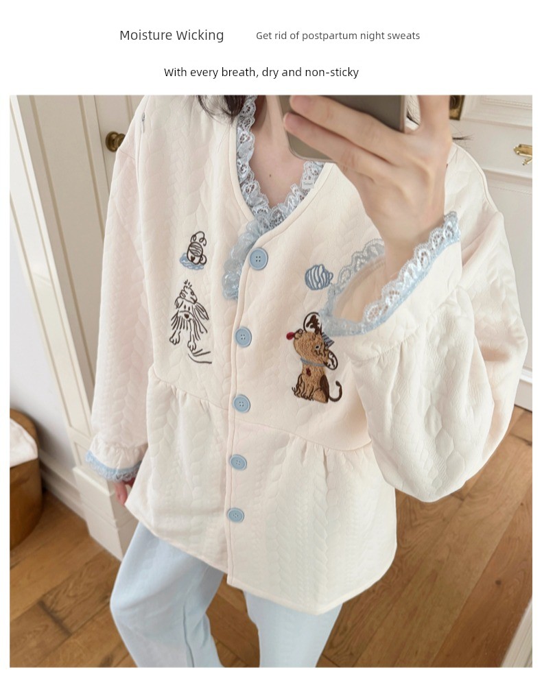 Spring, Autumn, and Winter Maternity Pajamas with Chest Pads, Thickened Air Cotton, No Need to Wear Underwear, Layered Maternity Sleepwear with Hood Set — 7