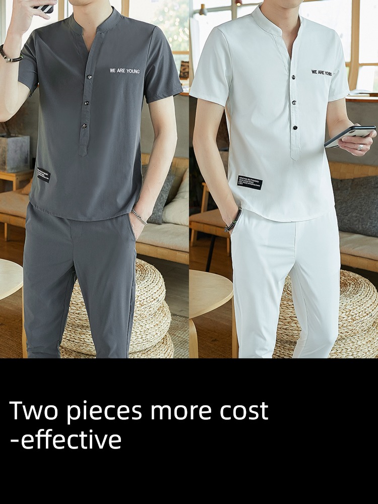 Ice silk leisure time handsome V-neck collocation a set Short sleeve T-shirt
