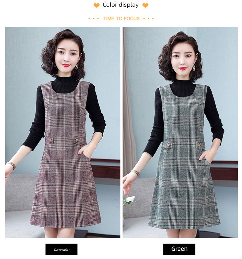 Autumn and winter Sleeveless Wool lattice Mother dress Dress
