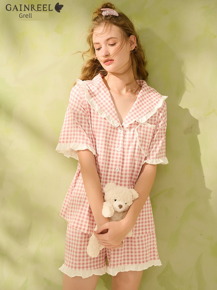 Gainreel  22015HS Check pattern cotton material lovers pajamas