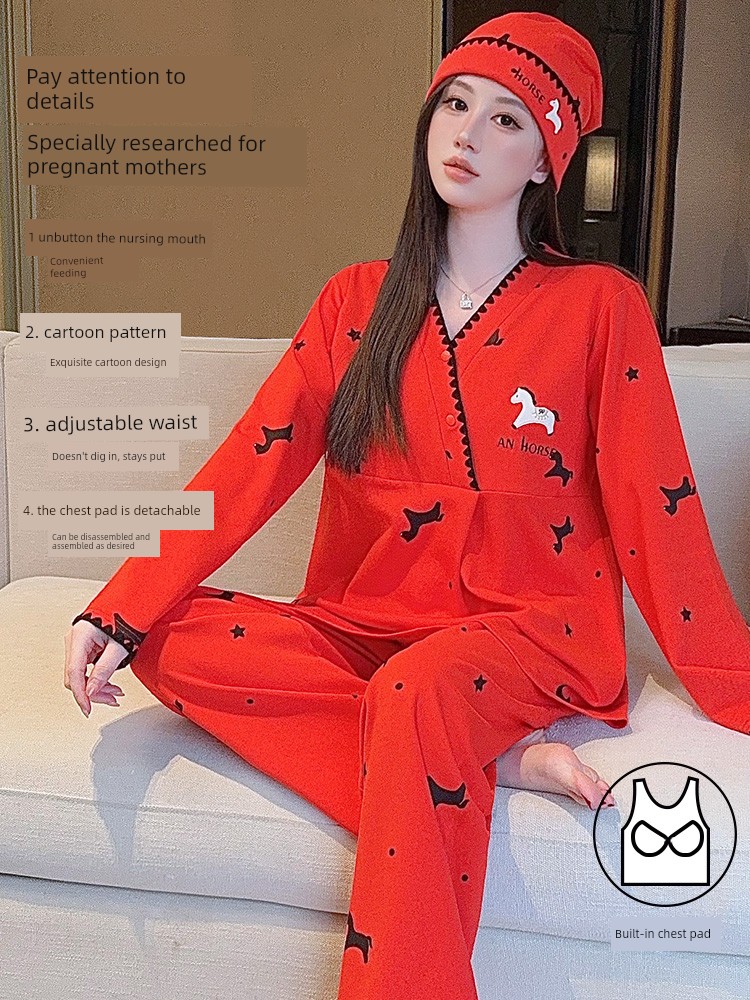 Free Hat with Purchase: Autumn and Winter Pure Cotton Postpartum Clothing, October Postpartum Maternity Nursing Pajama Set, Spring and Autumn Maternity — 3