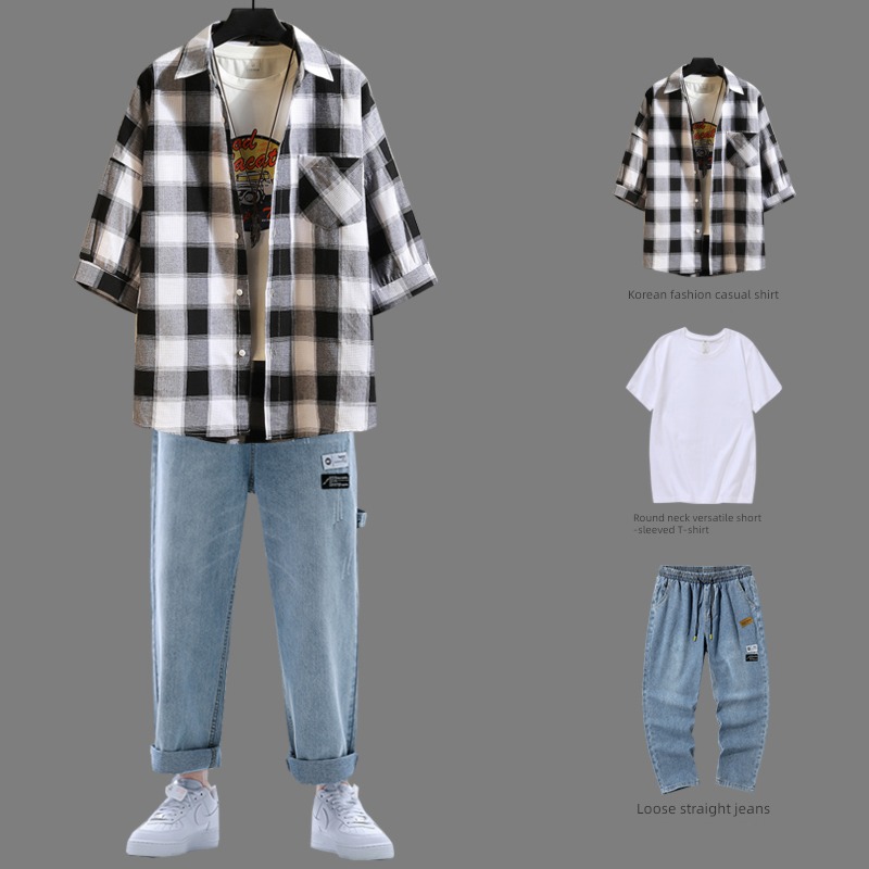 tide Short sleeve a set collocation Ruffian handsome lattice shirt