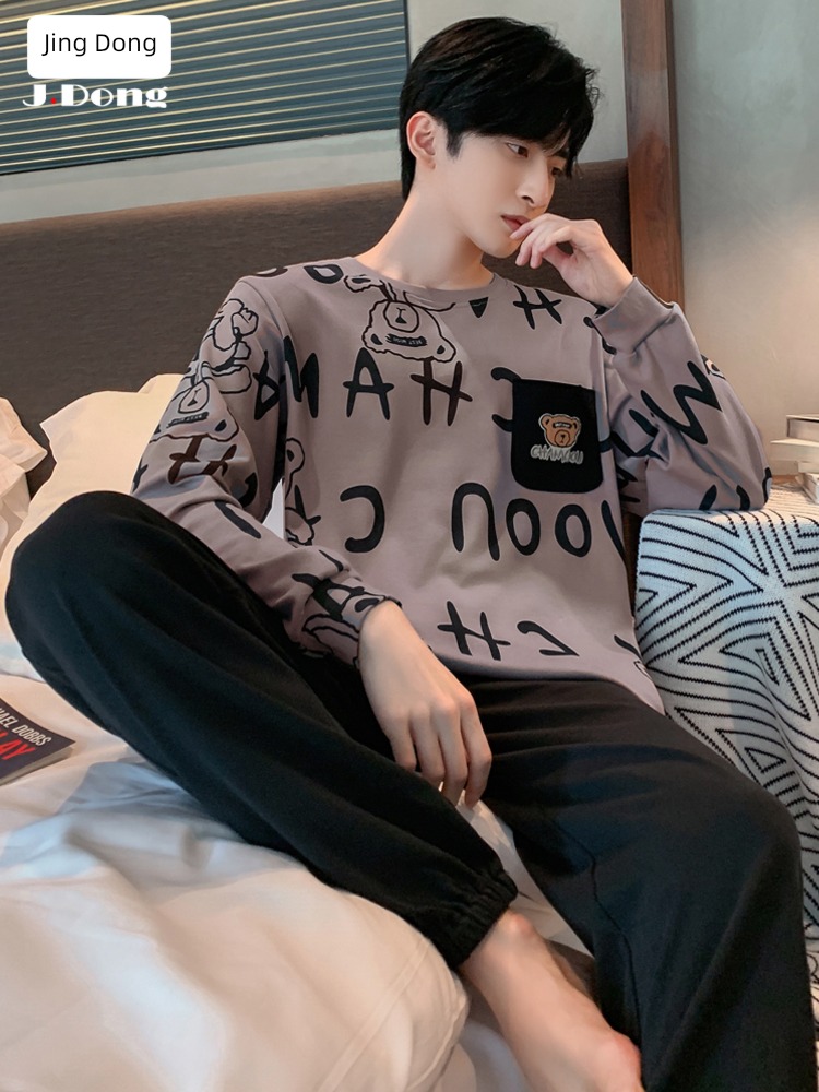 male Spring and Autumn teenagers Cotton Round neck Big size pajamas