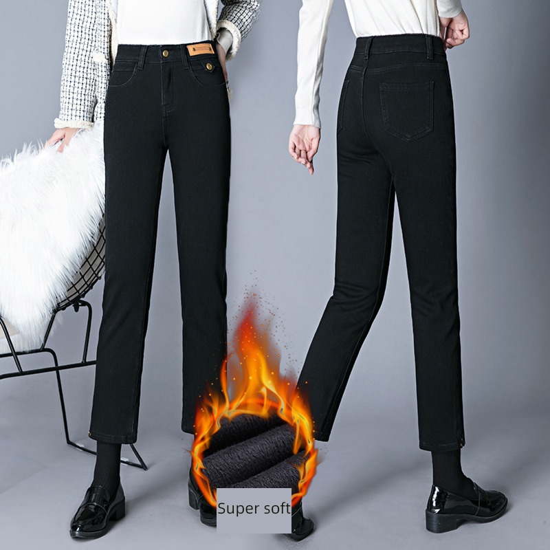 winter Nine points Women one Plush Jeans