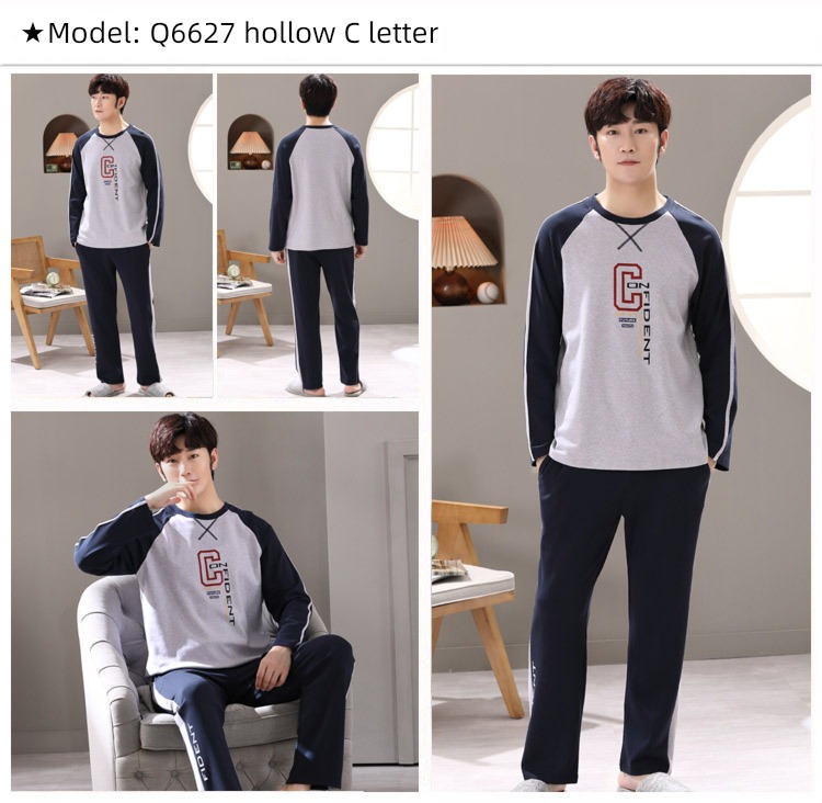 male Long sleeve Cotton Big size Autumn  summer suit pajamas