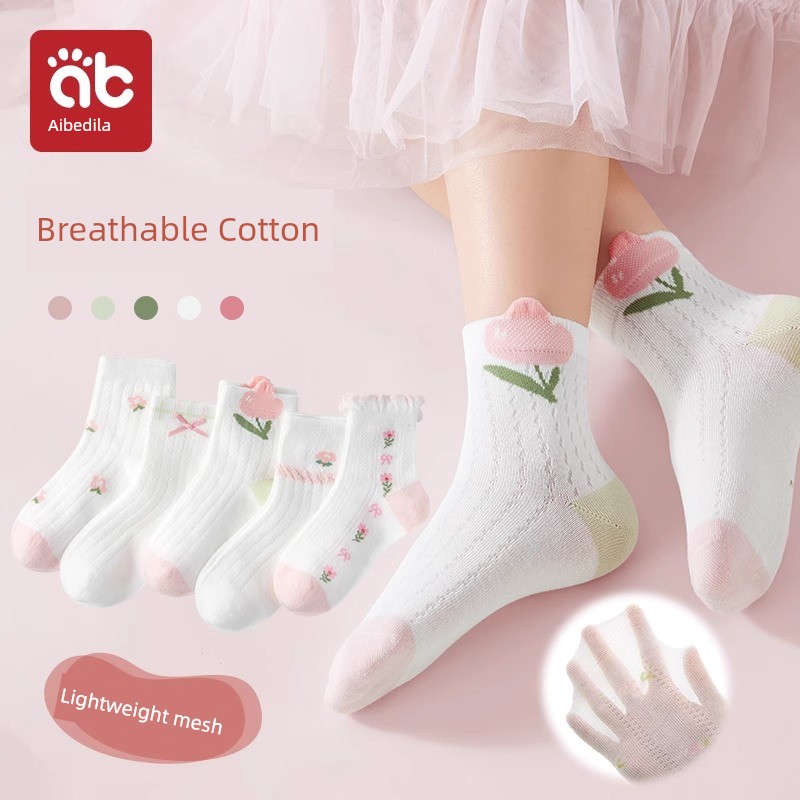 Children's Socks for Girls, Spring and Summer Thin Style, Pure Cotton Mesh Socks for Baby Girls, Princess Lace Mid-Tube Summer Thin Socks — 3