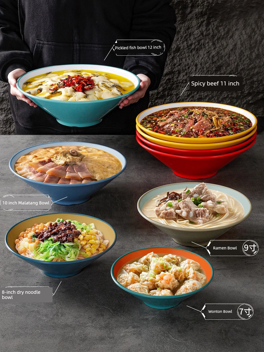 Melamine Bamboo Hat Noodle Bowl Large Noodle Shop Special Plastic Spicy Hot Pot Snail Rice Noodles Large Bowl Commercial 8-Inch Noodle Bowl Noodle Bowl