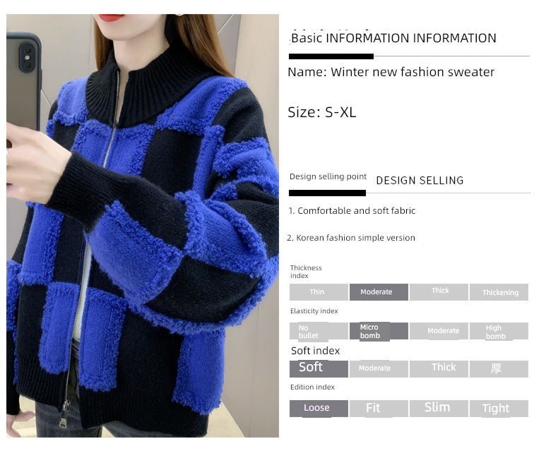 loose coat female Fashion Plaid zipper sweater knitting Cardigan