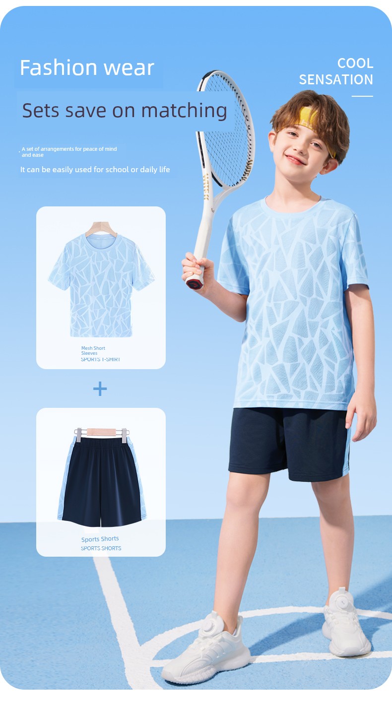 Sports Reebok Kidsren's Suit for Boys 2026 New Ice Silk Quick-Drying Summer Boys' Short-Sleeved Clothes for Older Kidsren — 16