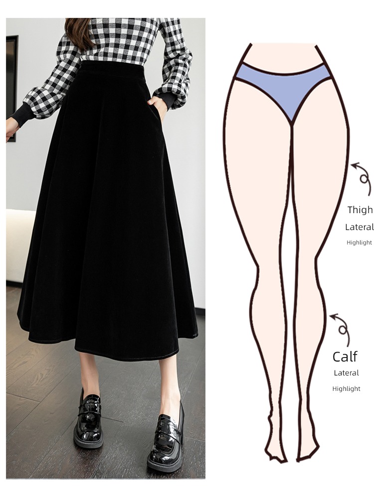 Coffee Autumn and winter Velvet Medium and long term High waist skirt