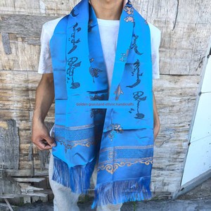 Mongolian Blue Embroidered Hada with Mongolian Script, Thickened, High-End Ethnic Reception, Wedding, Annual Meeting, Ce