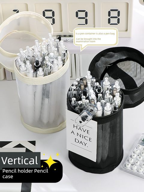 Mesh cylinder pencil bag pen holder stationery bag 2025 new student dual-purpose pencil bag large capacity multi-function transparent can enter the examination room for the college entrance examination special storage bag for three-dimensional simple handheld trumpet