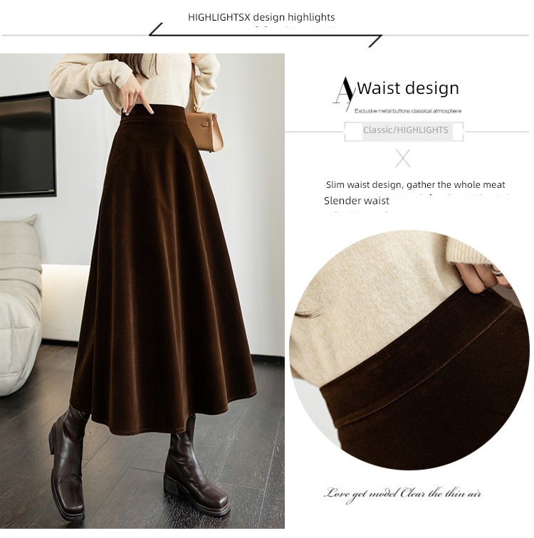 Coffee Autumn and winter Velvet Medium and long term High waist skirt