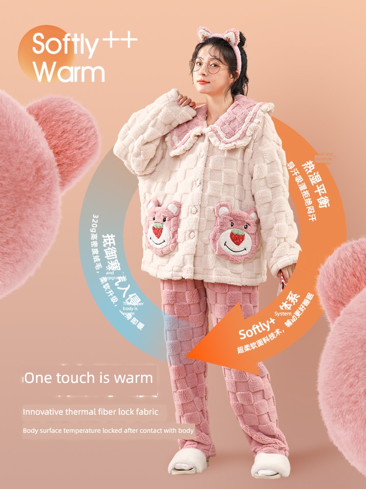 female Strawberry bear Long sleeve thickening Flannel winter pajamas