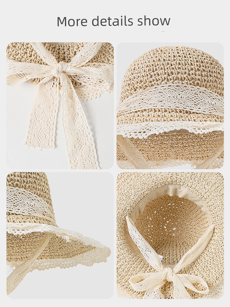 Girls' Straw Hats, Kidsren's Hats, Summer Hand-Knitted Baby Sun Protection Hats, Sun Hats, Lace-Edged Beach Hats, Family Matching Hats — 4