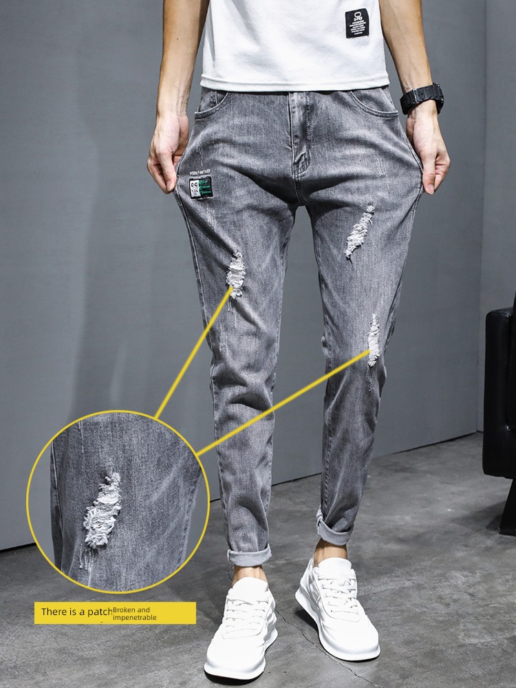 Korean version trend Spring and Autumn hole Nine points Jeans