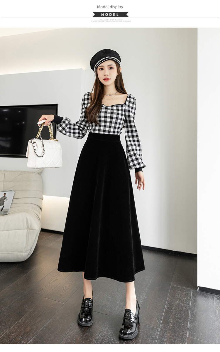 Coffee Autumn and winter Velvet Medium and long term High waist skirt