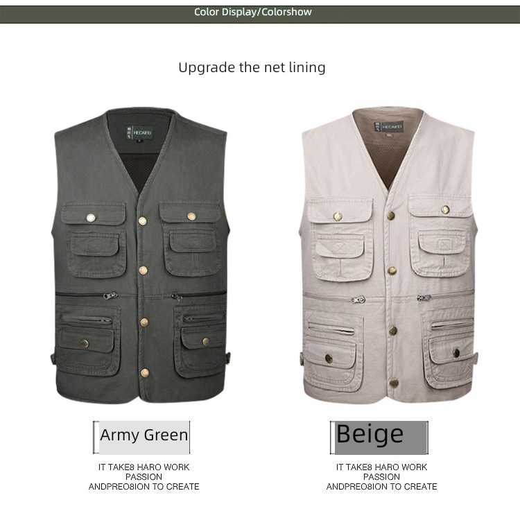 Cotton outdoors Middle aged and elderly man spring and autumn Multiple pockets Photography Vest easy vest washing pure cotton go fishing Vest