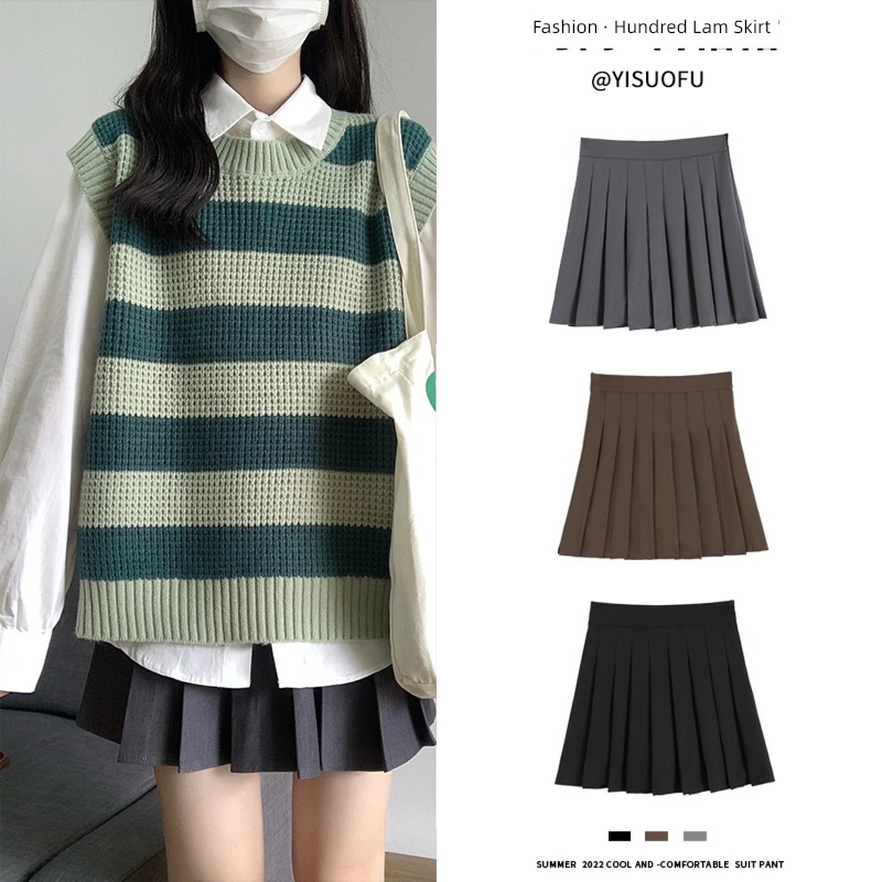 grey little chap High waist Show thin spring and autumn Pleated skirt