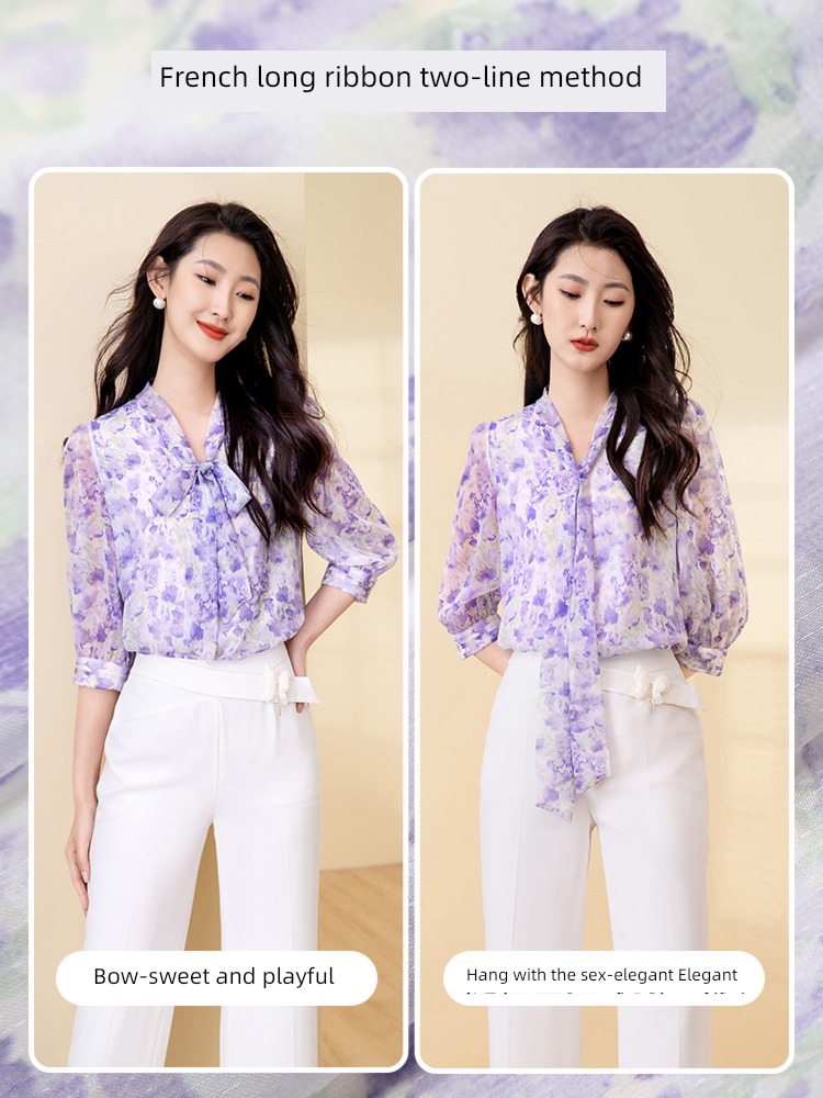 Poetic thread French purple Broken flower Chiffon shirt jacket female 2023 The new spring bishop sleeve Foreign style 61618