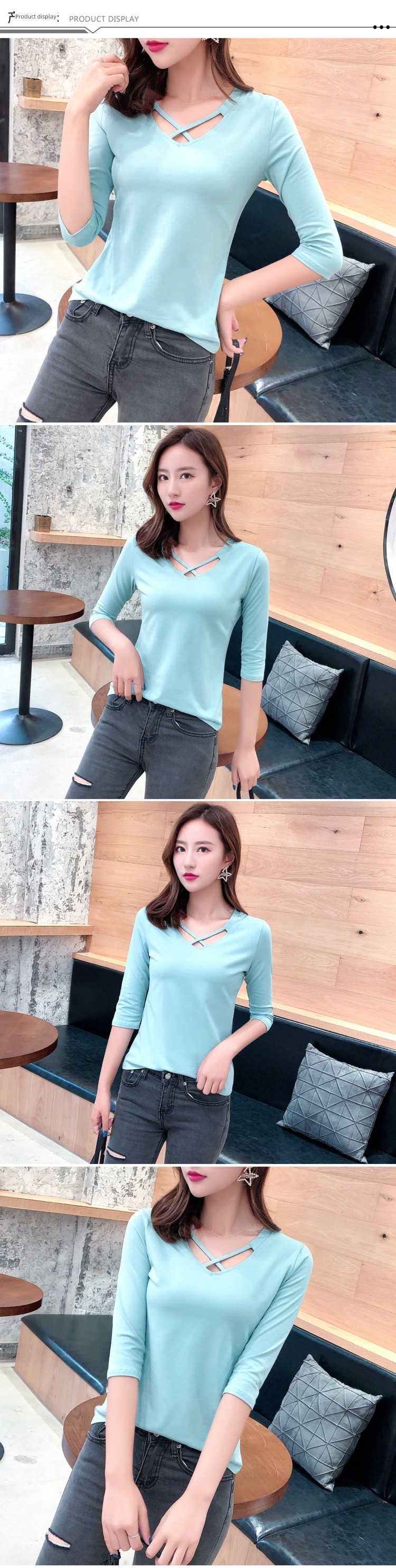pure cotton Medium long sleeve V-neck T-shirt ma'am spring and autumn Black and white Undershirt jacket 2021 new pattern Self-cultivation Inner lap Thin money