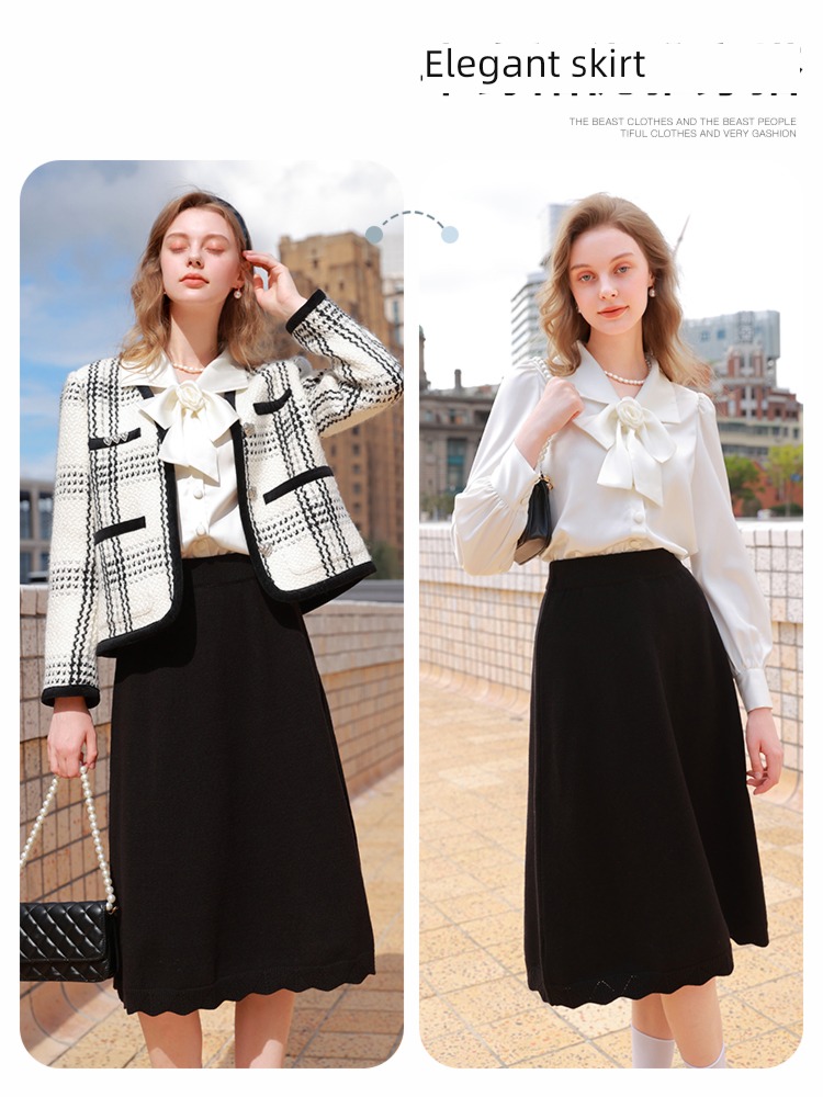 Tricolor Autumn and winter black Elastic waist A word Knitted skirt