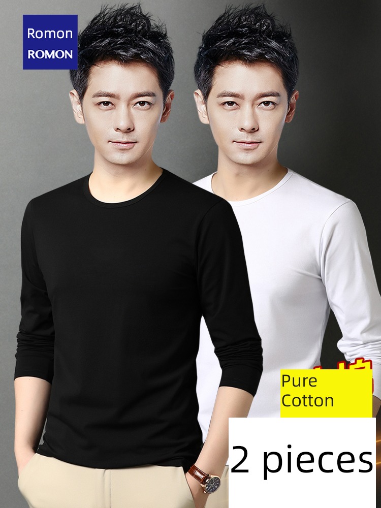 Romon Spring and Autumn Young and middle-aged people Pure white Long sleeve T-shirt