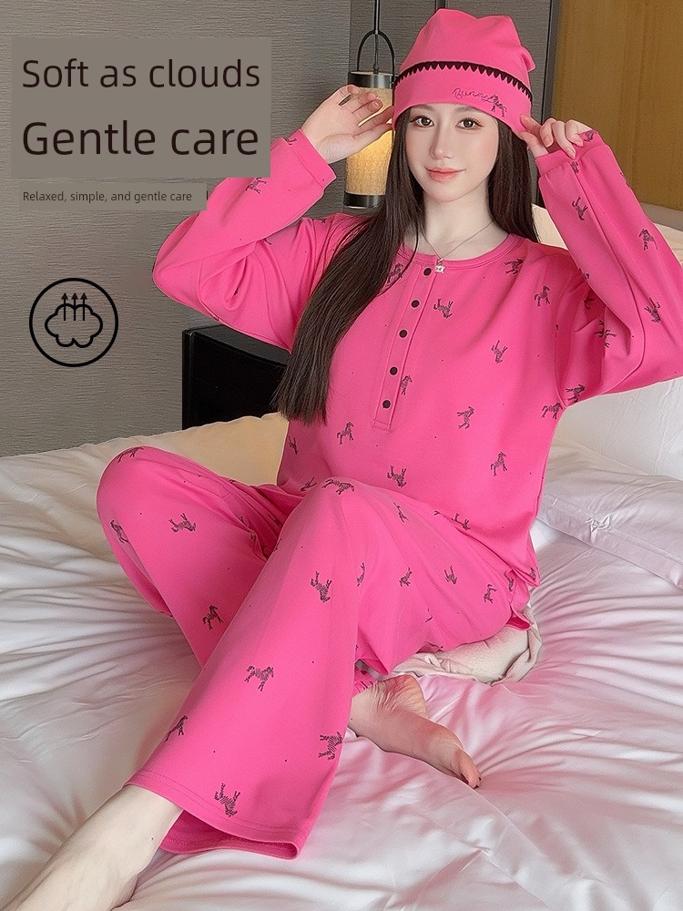 Maternity Pure Cotton Sweat-Absorbent Postpartum Clothing with Hat, Suitable for Spring and Autumn, Nursing Wear, Autumn and Winter Maternity Pajama Set, — 2