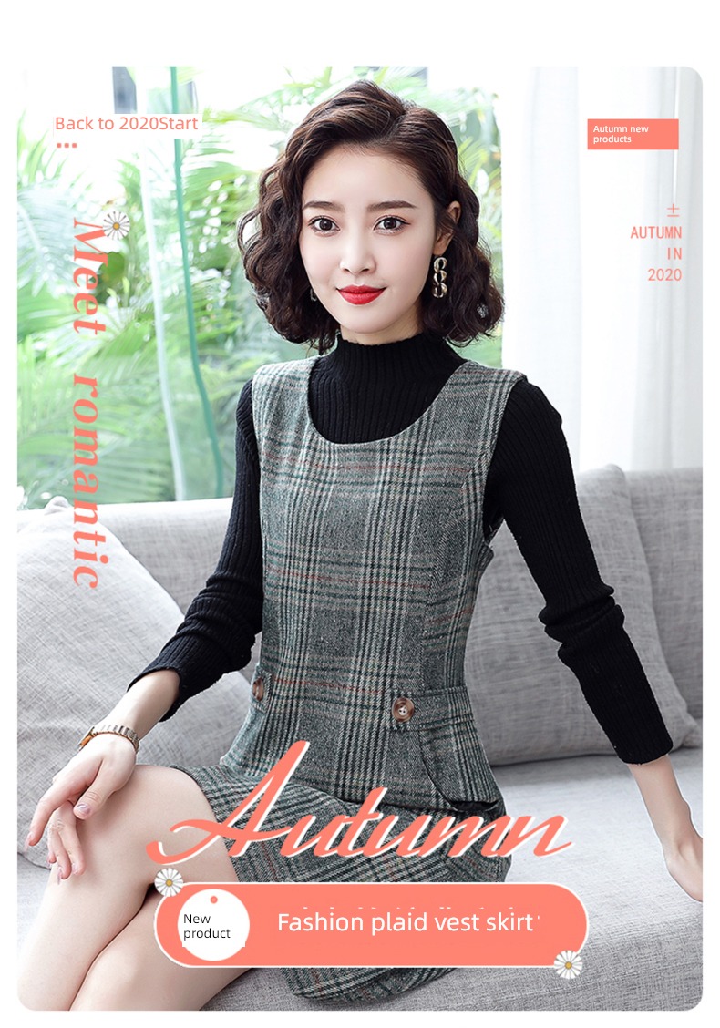 Autumn and winter Sleeveless Wool lattice Mother dress Dress