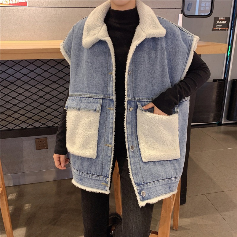 Retro Lamb hair student Plush thickening cowboy Vest