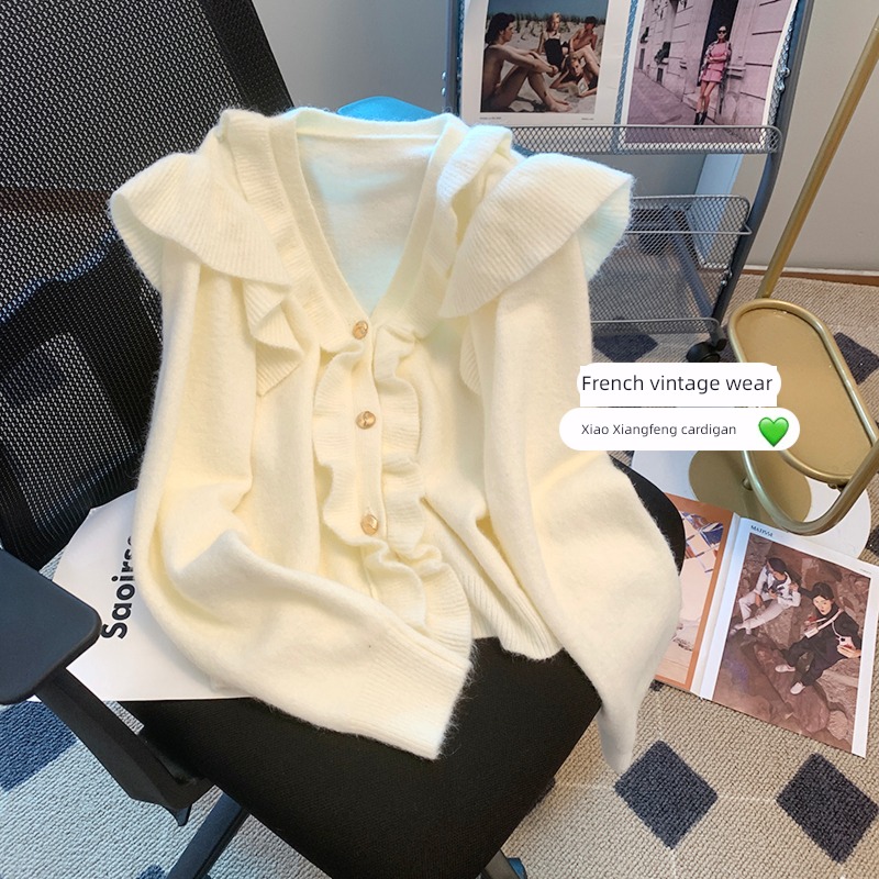 Little fragrance Self-cultivation Show thin Autumn and winter Cardigan Lotus leaf lace