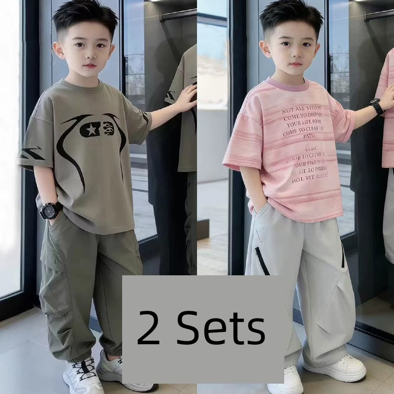 Boys' Short-Sleeve T-Shirt Set 2026 New Trendy Street Style Cool Children's Summer Outfit Boys' Clothing Big Kids Summer Two-Piece Set — 2