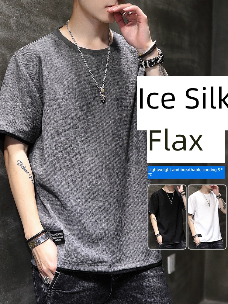 Ice silk feeling man flax quick-drying Solid color Short sleeve T-shirt