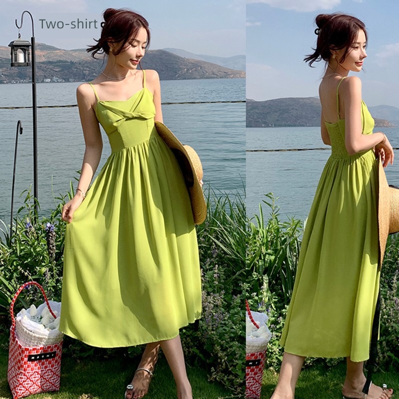 Korean version temperament avocado blackish green camisole Dress