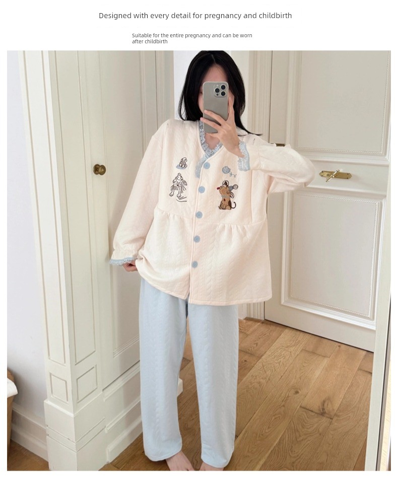 Spring, Autumn, and Winter Maternity Pajamas with Chest Pads, Thickened Air Cotton, No Need to Wear Underwear, Layered Maternity Sleepwear with Hood Set — 10