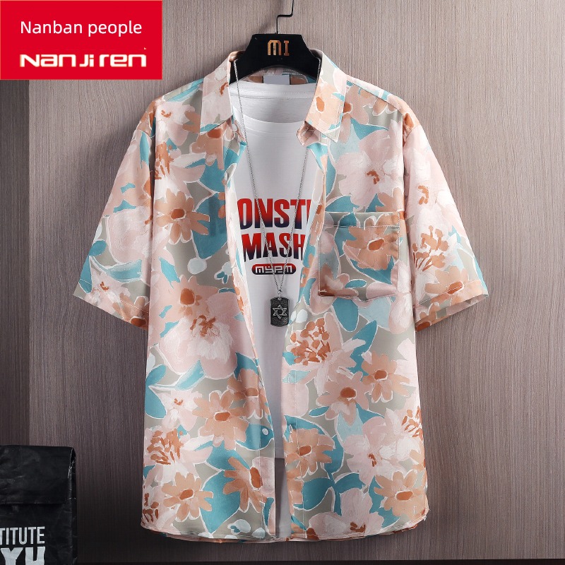 NGGGN Ice silk Hawaii Put on your clothes Short sleeve shirt