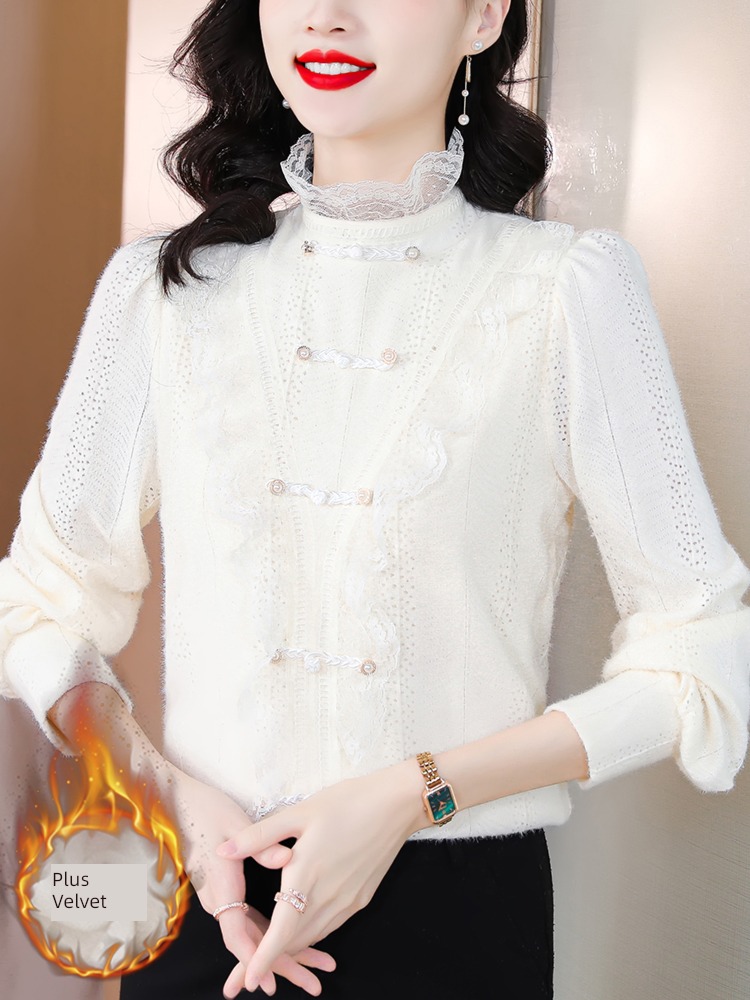 Half high collar Lace Undershirt female Long sleeve Autumn and winter 2022 new pattern French Foreign style Small shirt Inner lap temperament jacket tide