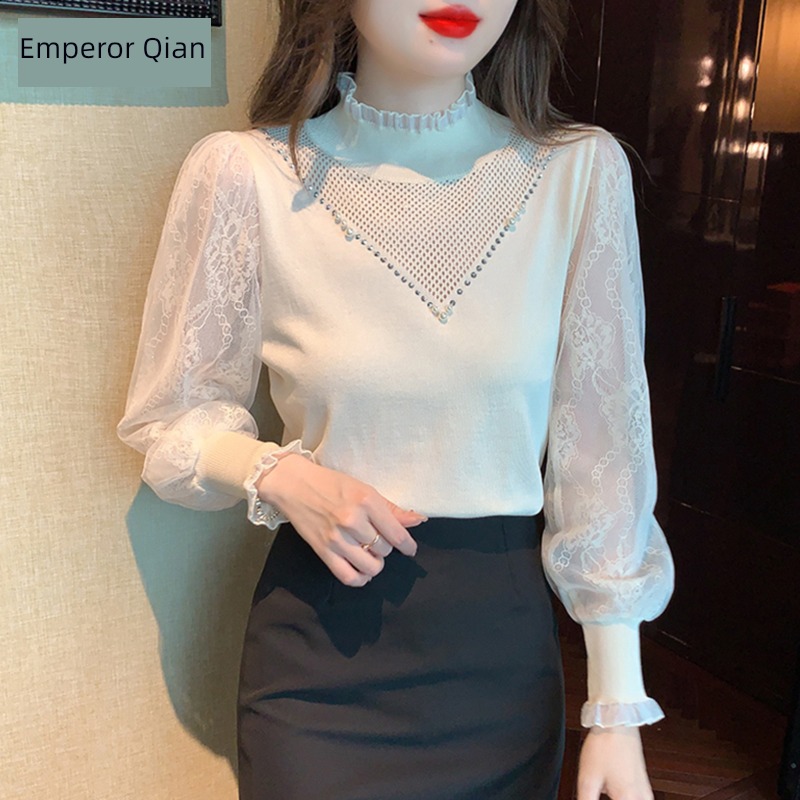 Half high collar Autumn clothes Inner lap Plush Lace Sweater
