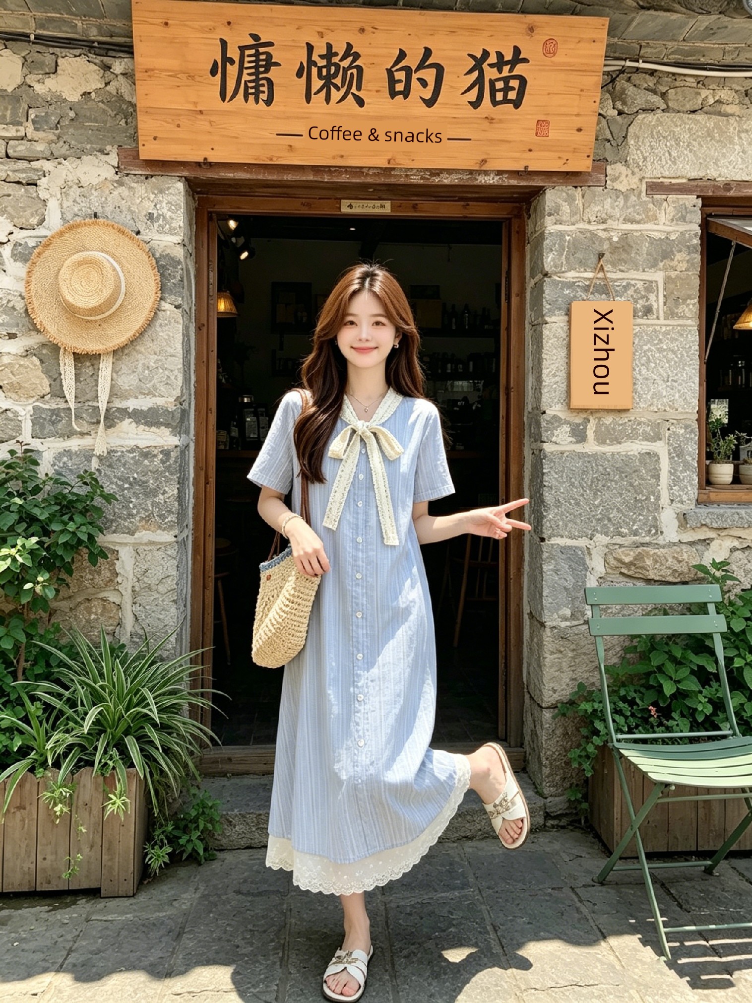 Maternity Dress Summer Thin Style 2026 New Blue Sweet Lace Splicing Short-Sleeved A-Line Dress Mid-Length for Women — 9