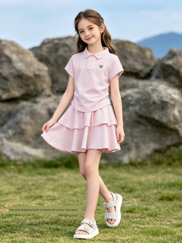 Girls' Summer Polo Shirt Set 2026 New Style Children's Casual Short-Sleeve T-Shirt Short Skirt Set for Older Children — 4