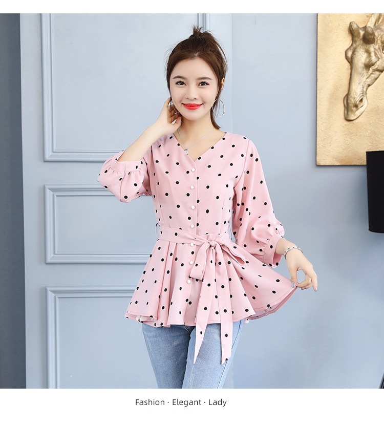 Korean version Temperament lady Frenulum Close your waist Skirt Ruffles Baby shirt jacket Short sleeve Wave point Chiffon shirt female summer
