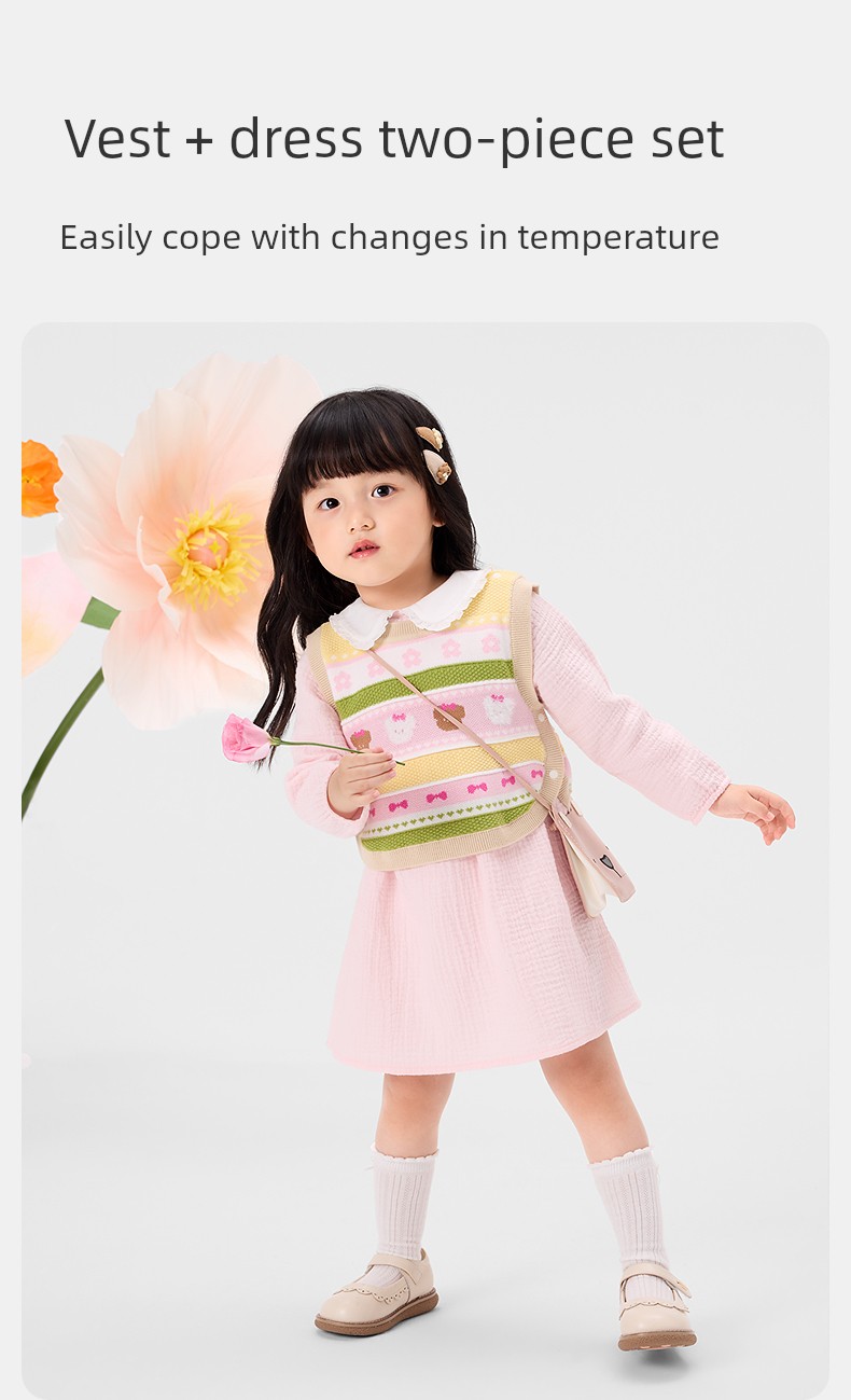 Pure Cotton Era Girls' Dress and Vest Set, Long-Sleeve Dress, Gauze Pure Cotton, New Spring/Summer Model, Same Style as in Stores — 5