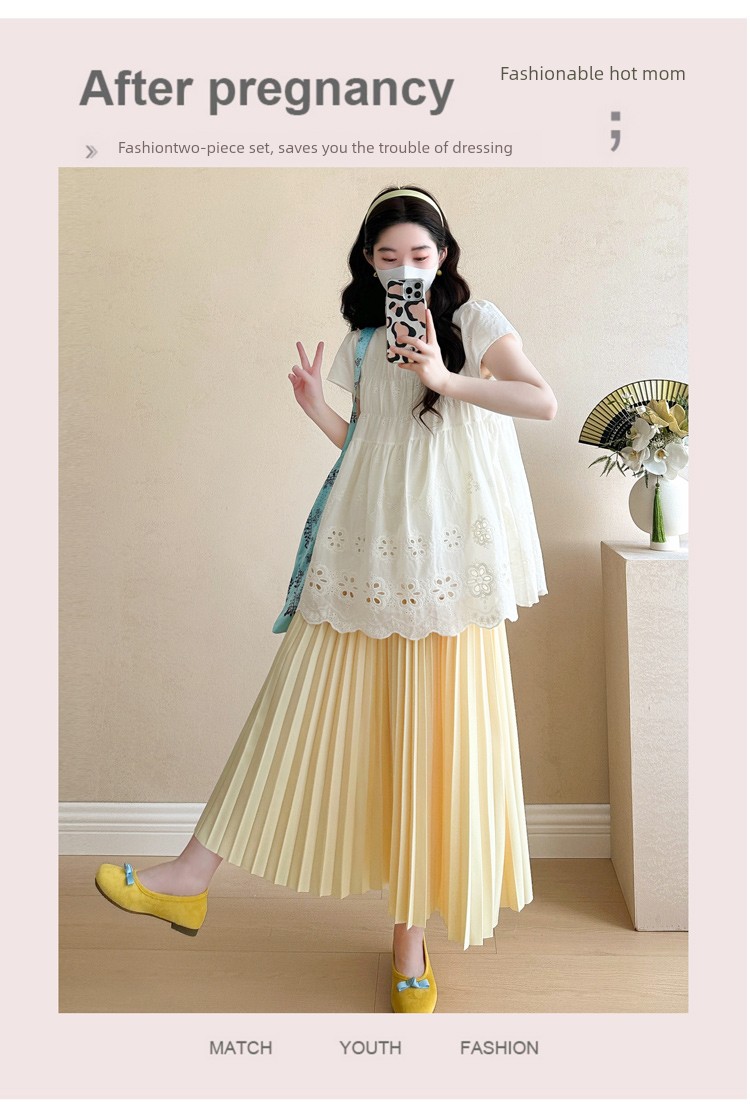 Maternity Summer Outfit 2026 New Style for Pregnant Moms, High-End Lace Top and Pleated Skirt Two-Piece Set for Summer — 1