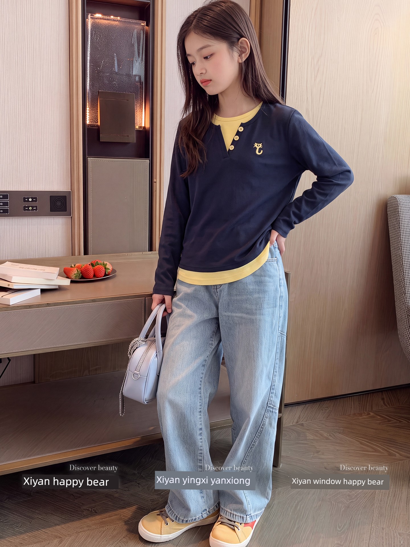Girls' Long-Sleeve T-Shirt Autumn Outfit Henley Collar Top for Older Girls Autumn Base Shirt Faux Two-Piece Spring and Autumn Style Children's Wear — 4