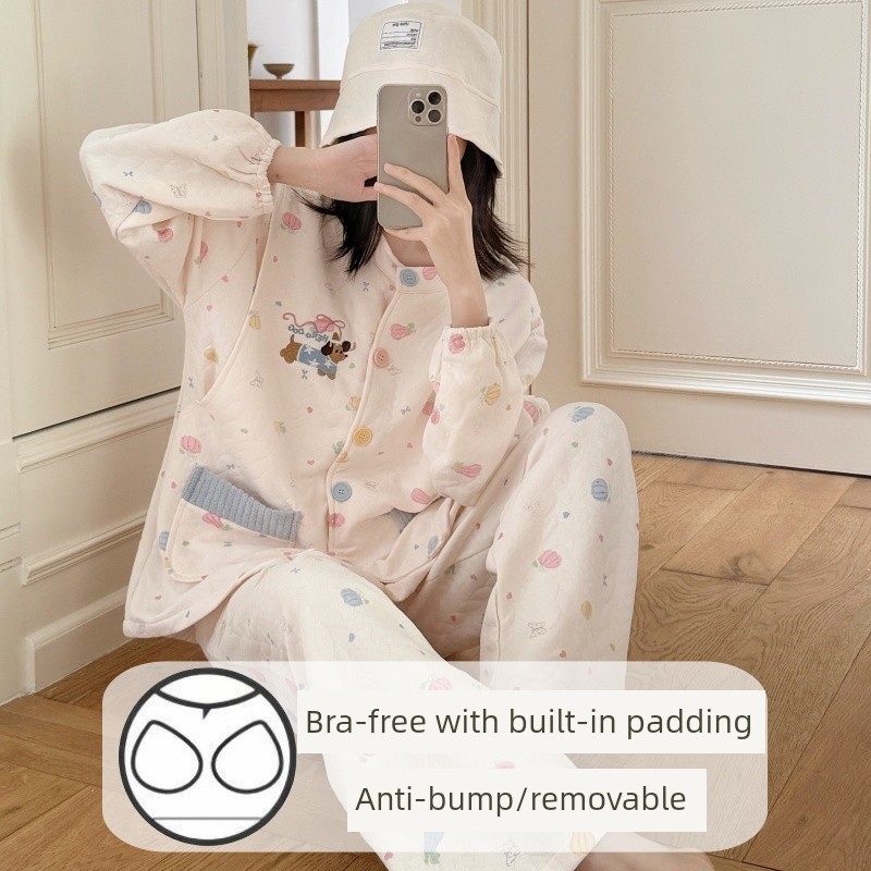 Spring, Autumn, and Winter Maternity Pajamas with Chest Pads, Thickened Air Cotton, No Need to Wear Underwear, Layered Maternity Sleepwear with Hood Set — 5