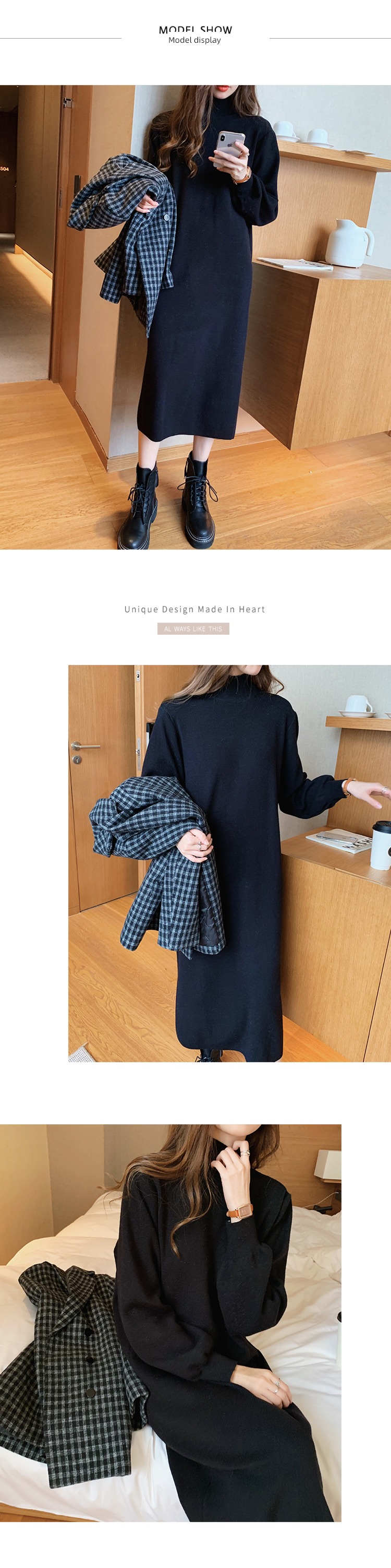 Autumn and winter easy Half high collar black knitting Dress