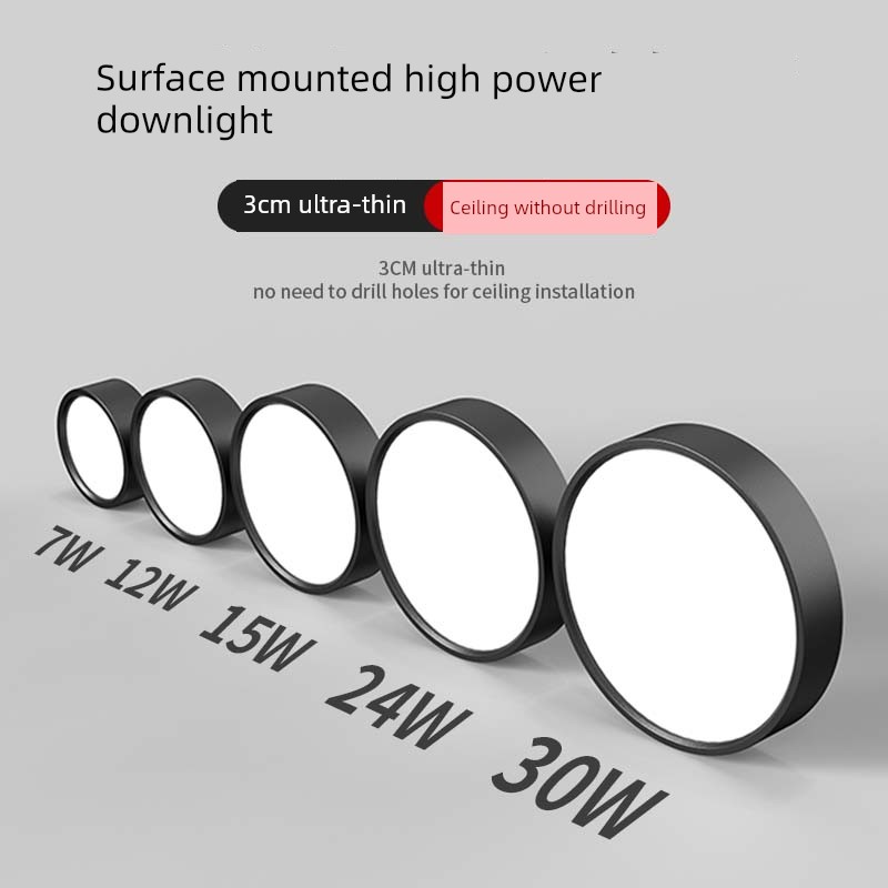 Surface-Mounted Round Led Downlight for Commercial Use, Bedroom, Corridor, Hallway, Black, 24W30W High-Power, No-Drill Ceiling Light